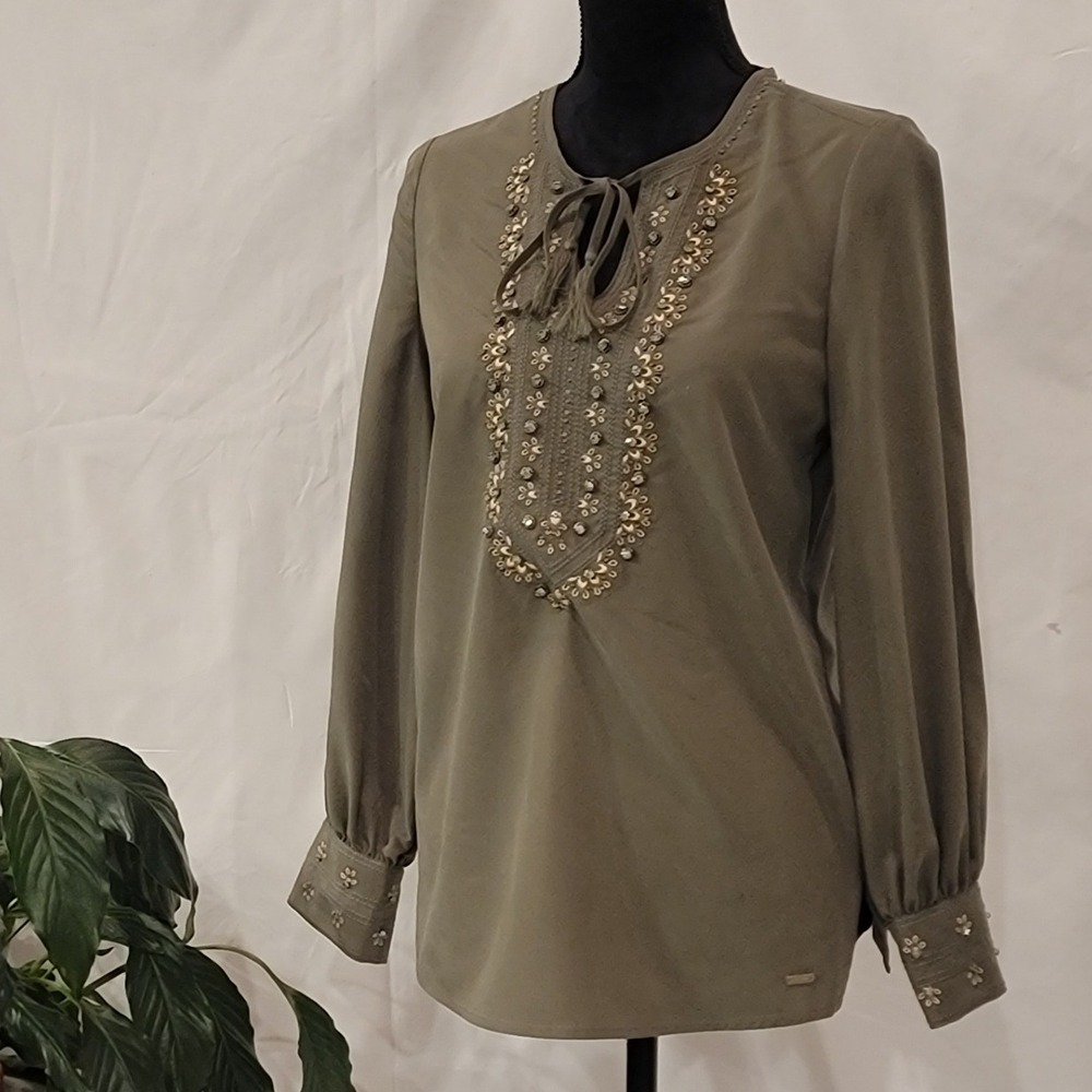 Chico's Olive Green Beaded Tassel Tie Neck Blouse Top Size 00